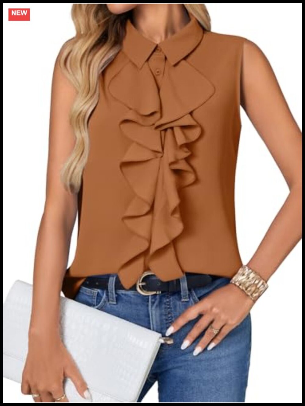 Ruffle Front Sleeveless V-Neck Button Down Tank Top